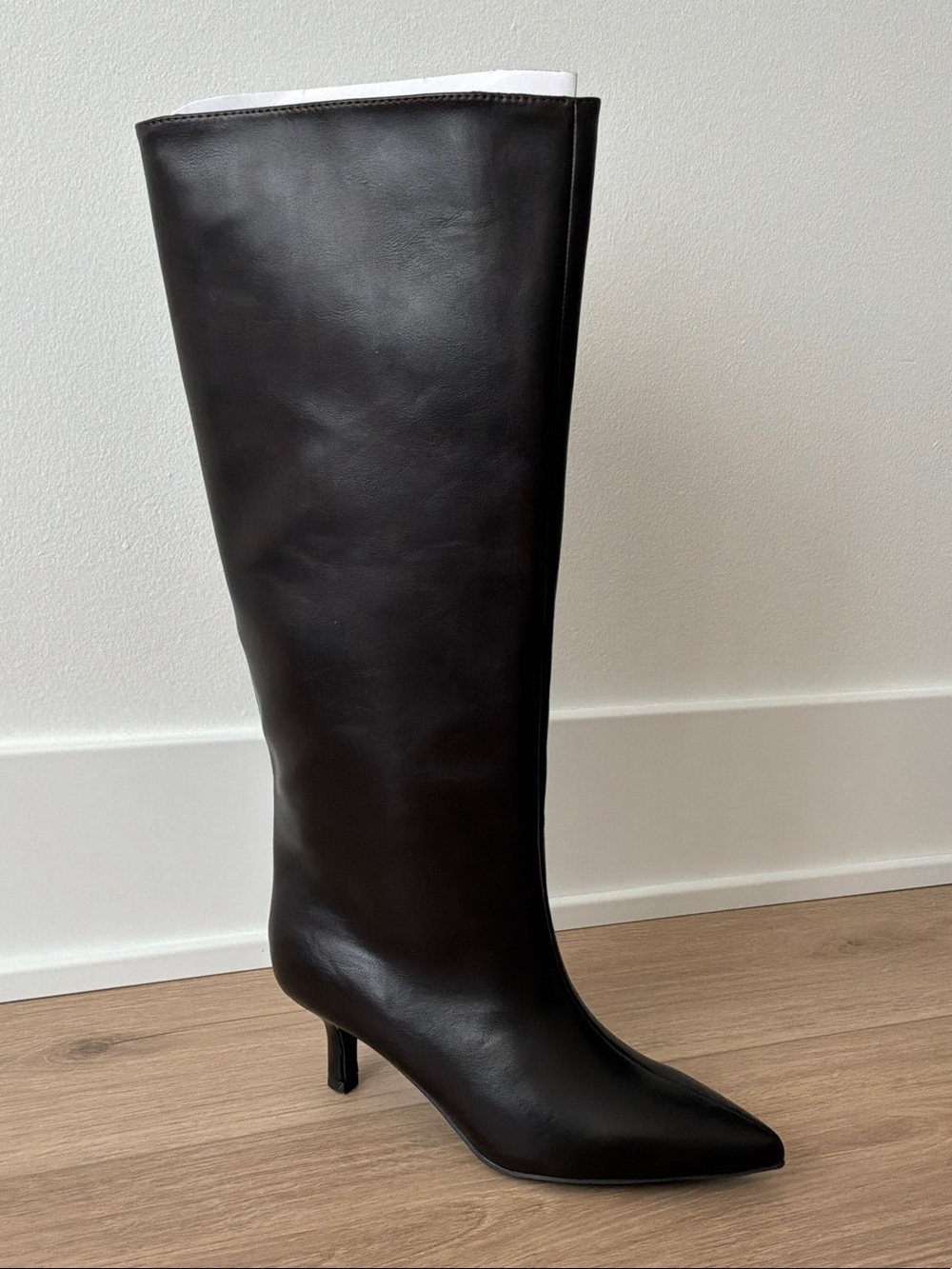 Dark Brown Wide Calf Faux Leather Pointed-Toe Kitten Heel Boots